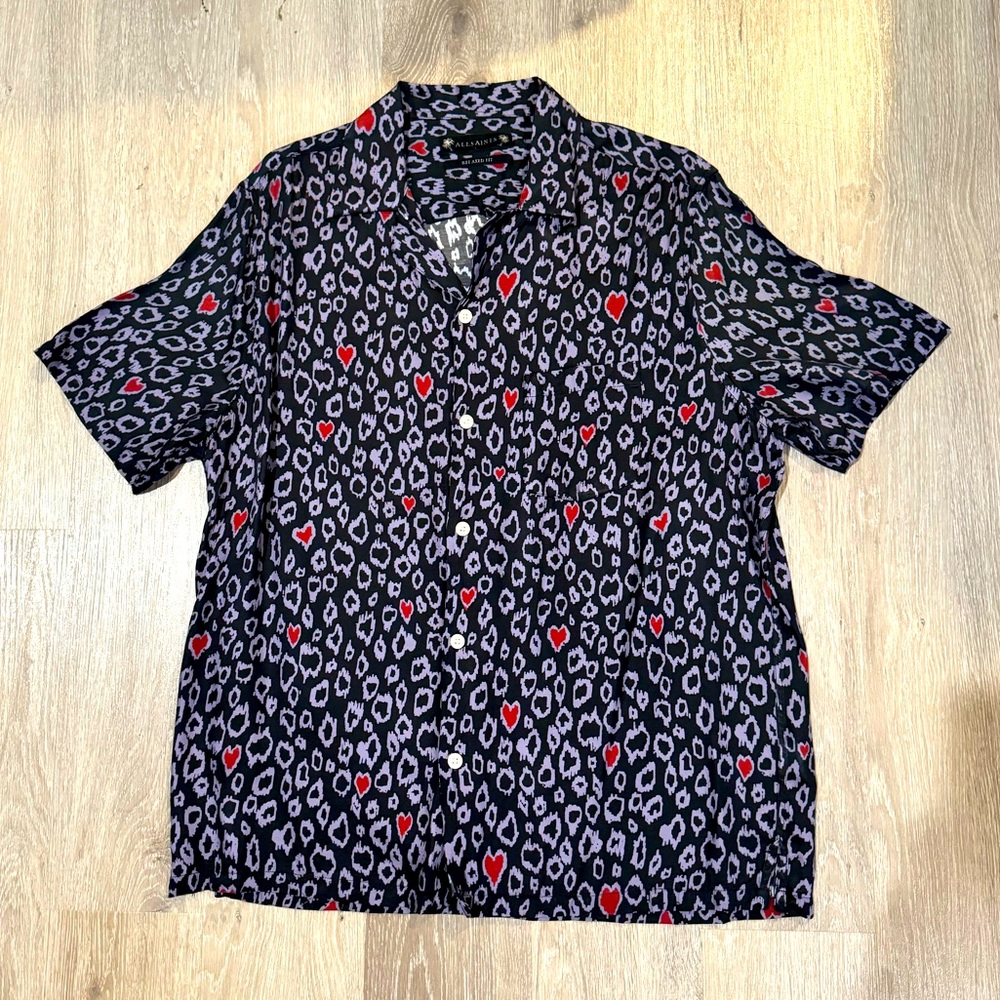 AllSaints - Amoureux Leopard Print Short Sleeve Button-Up Camp Shirt - Jet Black